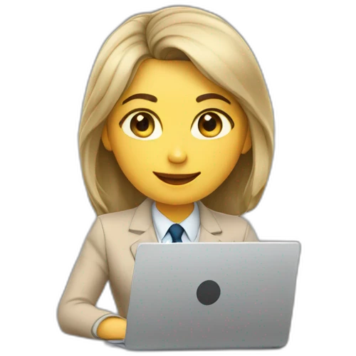 The girl is sitting at a laptop, she has gray eyes, shoulder-length hair, dressed in a beige business suit emoji