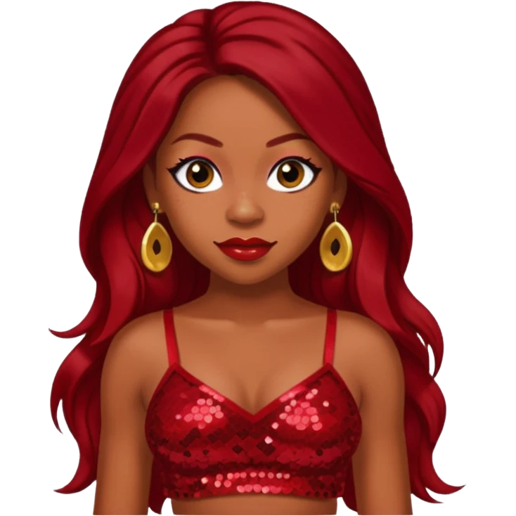 LaTavia Robeson with dark red long hair, red sequin crop top, red earring emoji