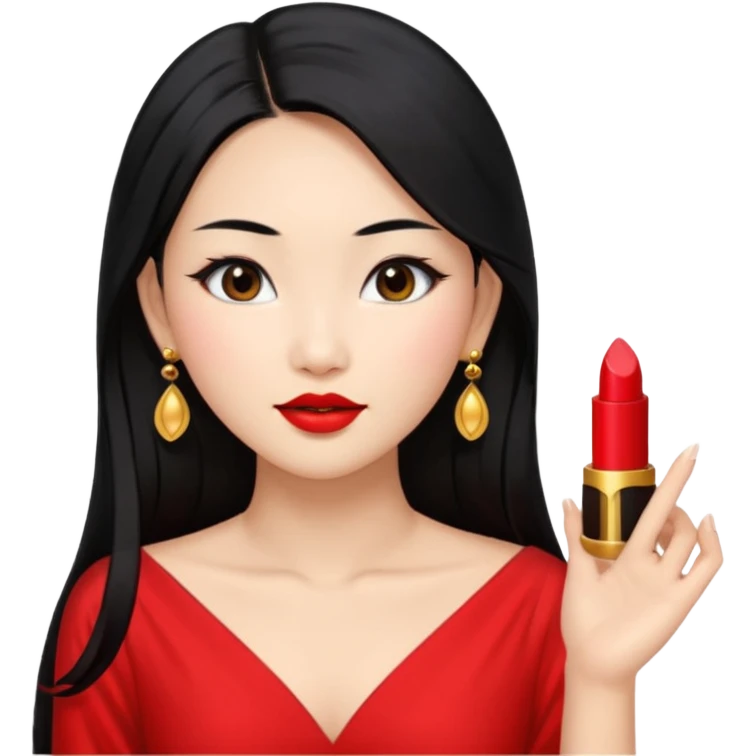 30 yr old asian woman, middle parted straight long black hair, very pretty, fancy dress, earings, red lipstick emoji