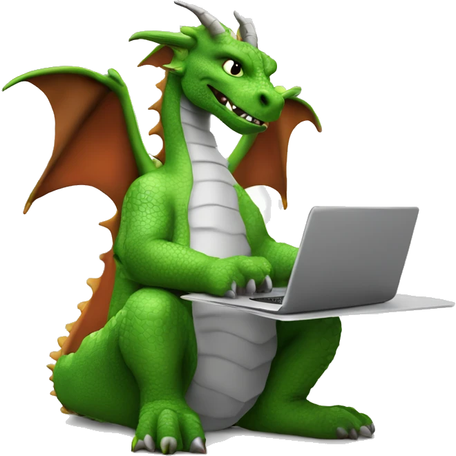 real life dragon with wings, working on a laptop, wearing a shirt with the words hump day on it, with a cup of coffee in his right hand emoji