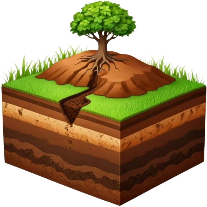 A 3D cartoon cross-section of soil layers with green grass on top, visible brown earth textures, clean white background, smooth and detailed Memoji-style. emoji