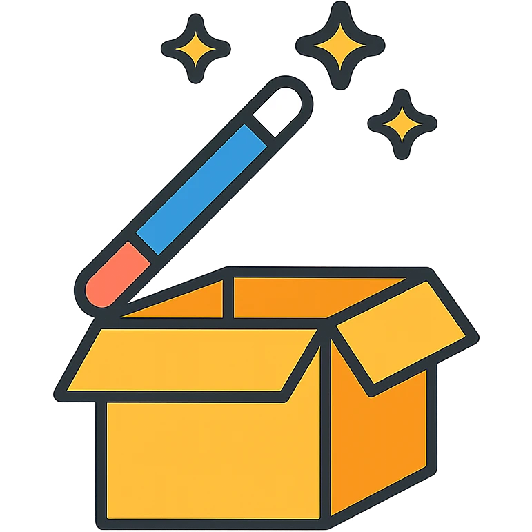 a simple and bright icon of a box with a magic wand on top, suitable for an icon emoji