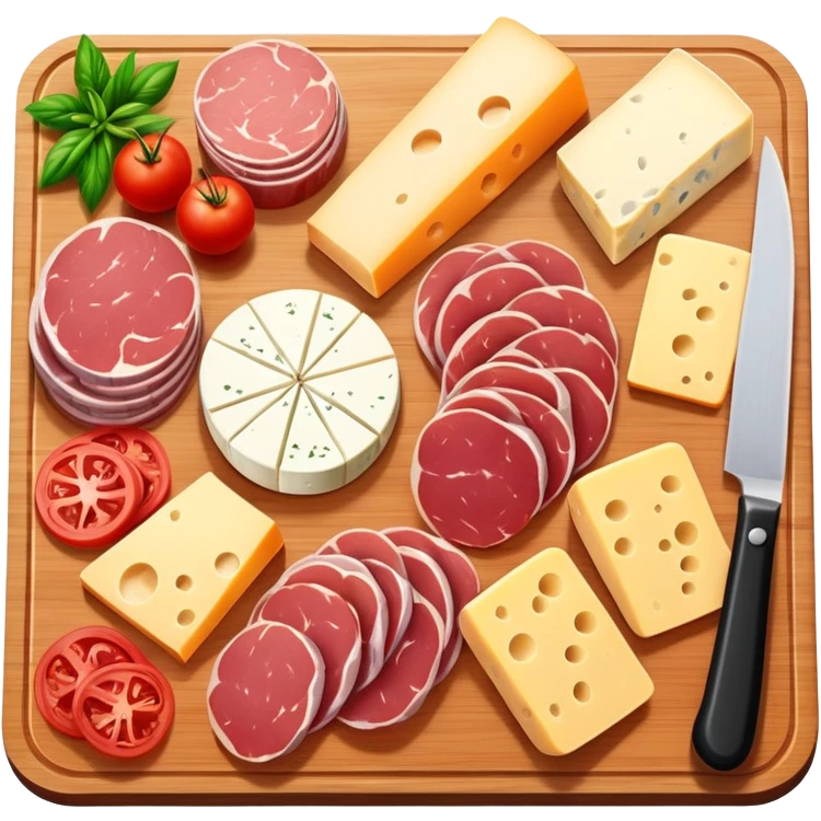 chopping board with assorted cold cuts and cheeses emoji