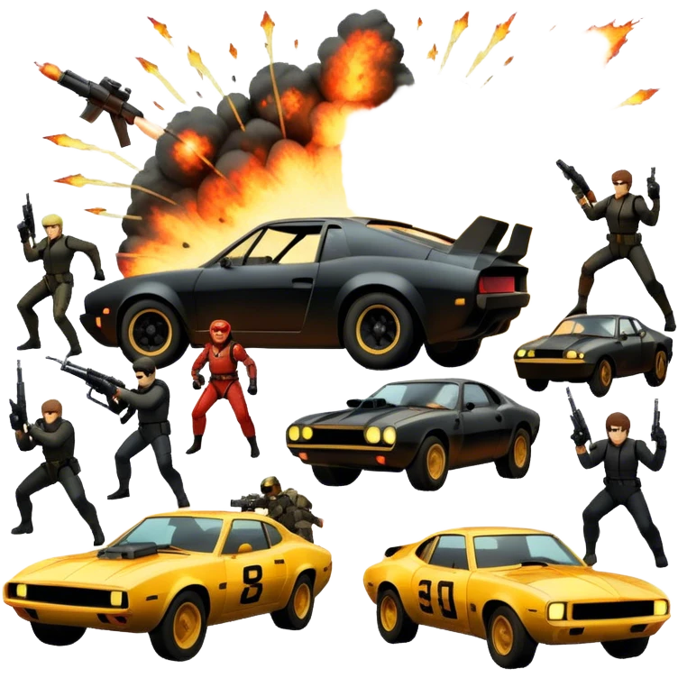 Photorealistic Icon for Action Movies: Dynamic collage of iconic action movie scenes featuring explosions, fast cars, combat, and weapons. Include silhouettes of famous action heroes, dramatic lighting, and a sense of high-octane energy. Transparent background. emoji