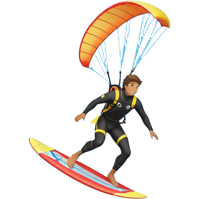 An athlete in a wetsuit, gliding above the waves on a kiteboard, holding onto a paraglider in the sky. The backdrop features a vibrant blue sky and rolling ocean waves, capturing the thrill and skill of the sport with a sense of freedom and adventure. emoji