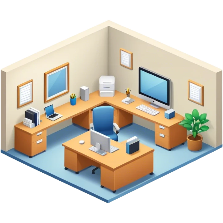 An isometric 3D room with two walls that meet at the back left and right. Office Desk emoji