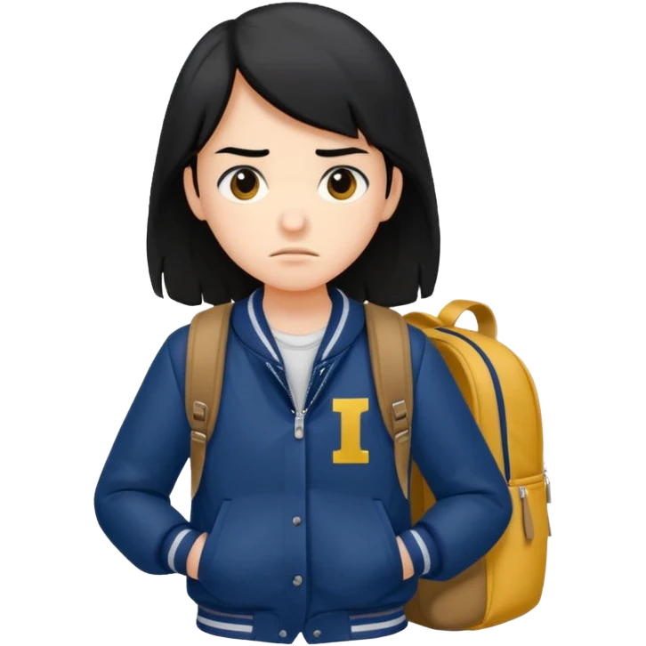 college student with annoyed face , black hair , with navy varsity jacket( initial I)  and  and backpack , girl, long hair,  emoji