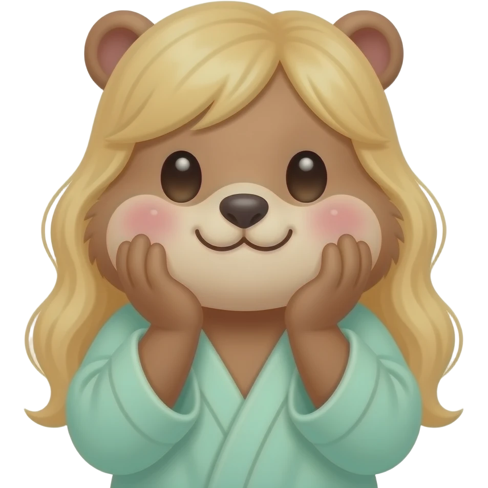 Cute blond girl Marmot with hands around big cheeks with blush and wearinf light green bath robe emoji