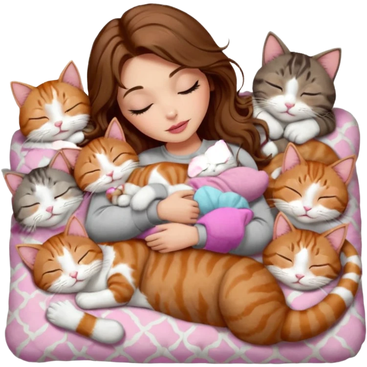 girl with long wavy brown hair, brown eyes, long lashes makeup, sexy pink lips, light to medium complexion,  sleeping on a cozy pillow, with 6 cats: 1 brown and white tabby cat, 1 ginger and white, 2 grey and white, 1 grey with white mittens and small white patch on chest and 1 calico, sleeping emoji