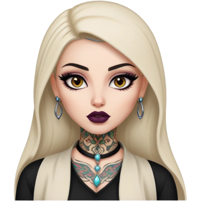 arabian, pretty lips, clothes, very pale tattoed skin,  dark brown eyes, pretty bratz baddie, black eyeliner emoji