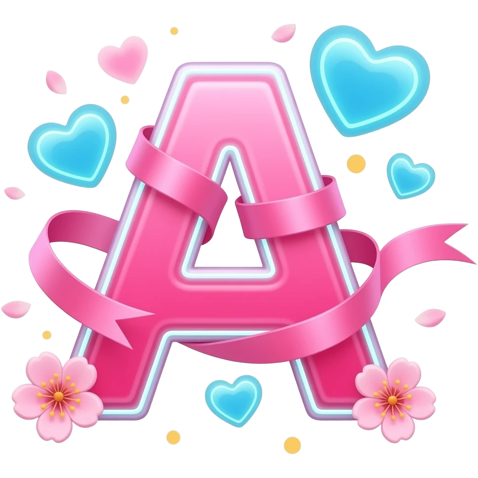 A sleek, hot pink glowing letter 'A' adorned with satin ribbons and glowing neon-blue hearts. Surrounded by floating cherry blossom petals and golden bokeh. Vibrant, modern, and feminine with a cinematic glow emoji