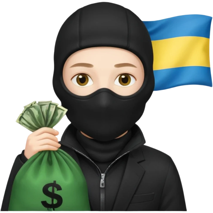 create an incredibly realistic white thief in a black suit and balaclava with a bag of money and a Ukrainian flag on it emoji