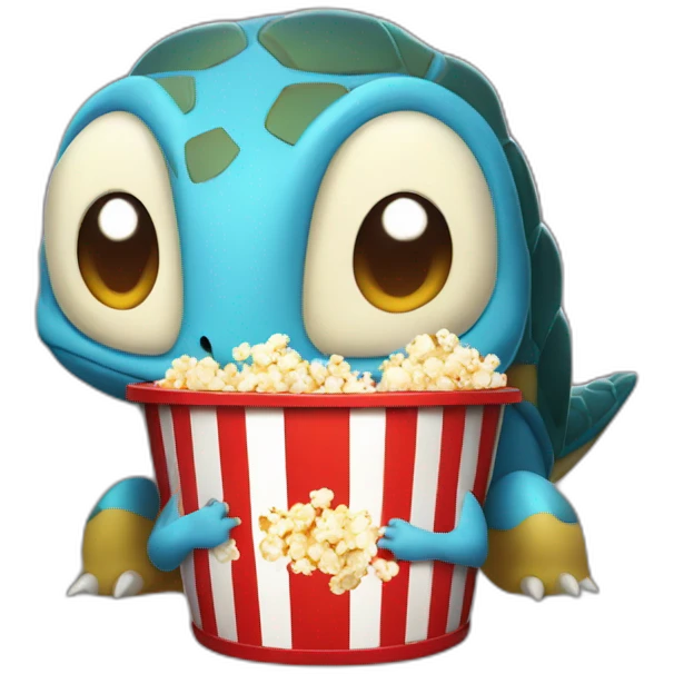 Blue cartoon Pokemon turtle with brown shell eating popcorn in a red and white bucket emoji