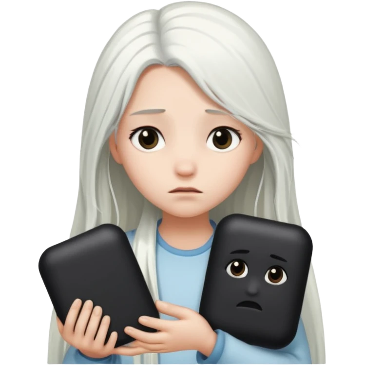 A girl with long white hair is sad and holds a black in her hands emoji
