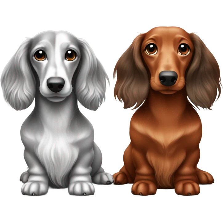 Long haired red dachshund and long haired silver dapple dachshund sitting together  emoji