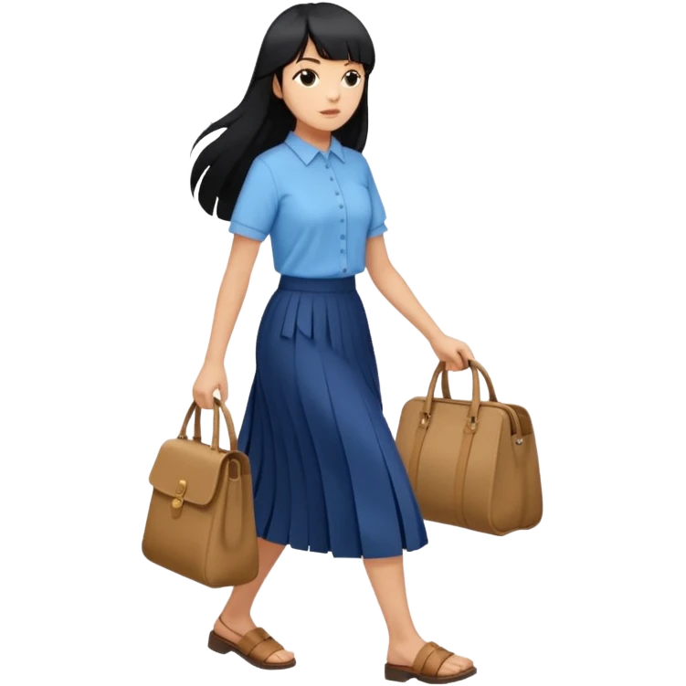 hair : black long hair with fringe 
skin : light 
cloth : oversize light blue shirt + navy long long skirt 
motion : walking without bag  emoji