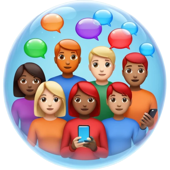 A group of people inside a separate colorful transparent bubble (blue, red, green, orange). They are each holding a smartphone or laptop. the bubbles are slightly overlapping, creating a modern and minimalist look. Realistic emoji style. emoji