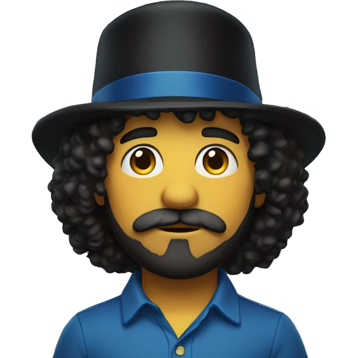 Type man with shoulder length, dark curly hair with mustache wearing short sleeve, yellow and blue polo with long tall, big black top hat emoji