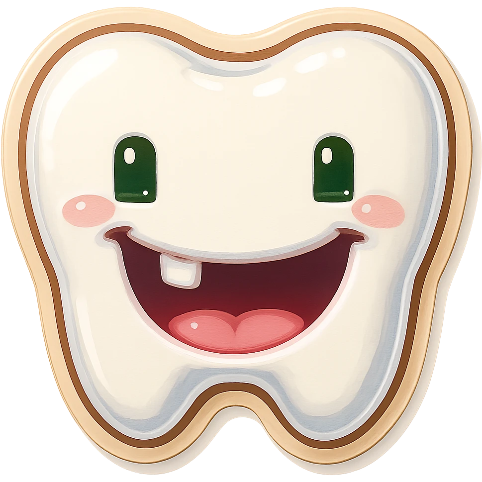 Edit the emoji to have a wide smile with two missing teeth, keeping the same retro stickers style and no background. emoji
