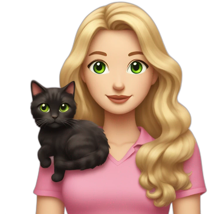 woman with green eyes and long wavy blonde hair in a pink shirt is holding a very fluffy and fat black and tortoiseshell cat emoji
