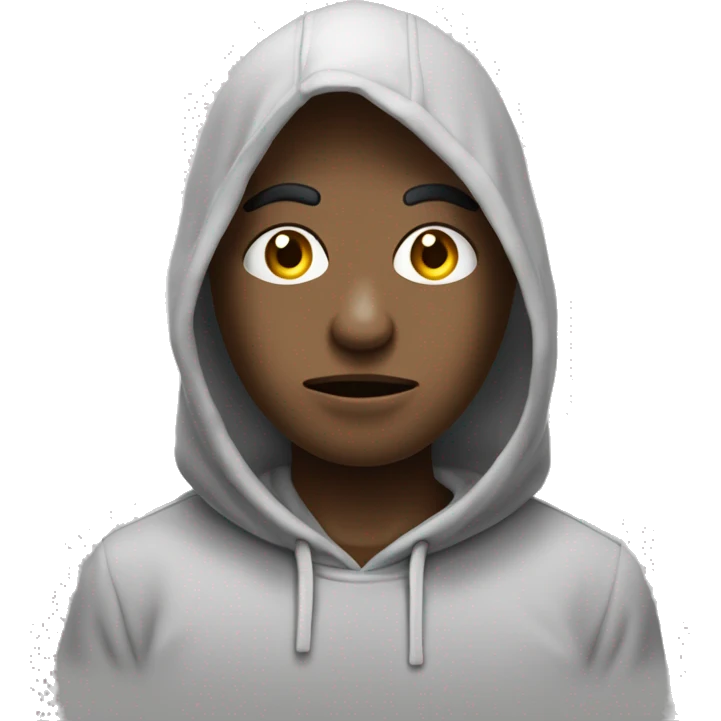 Un emoji avec un sweat à capuche gris, des yeux grands et inquiets, et une bouche tombante, exprimant tristesse ou regret. emoji