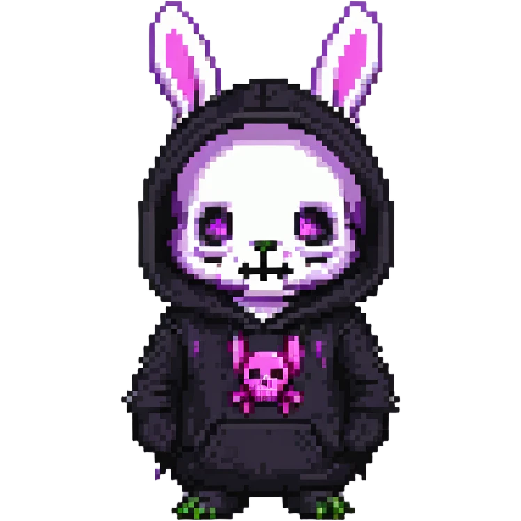 Kuromi character, purple bunny with a black hood and pink skull emoji