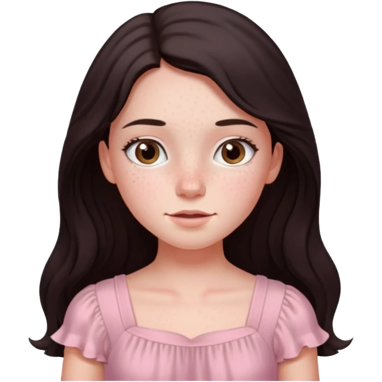 Девочка с длинными темными волосами и веснушками в нежно розовом emoji