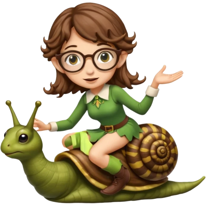 tiny forest elf woman brown wavy hair glasses riding a snail emoji