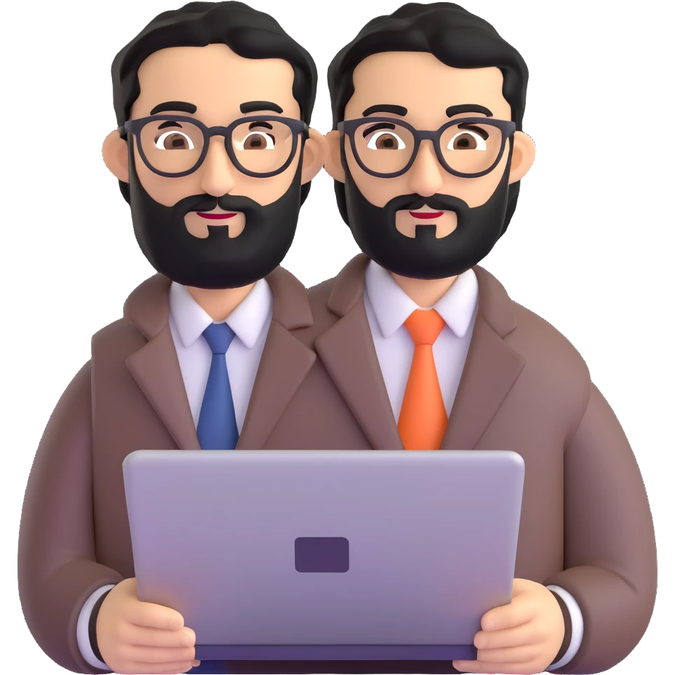 man with medium black beard, black hair, connected unibrow, olive tan skin, brown eyes, glasses, prominent long nose, wearing casual business attire, holding a laptop emoji