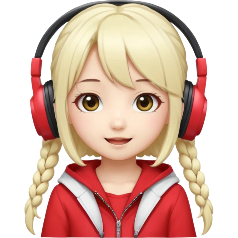 Cute kawaii emoji-style Japanese K-pop singer girl, long platinum blonde hair in twin tails, red outfit, headset mic on cheek, Japanese K-pop idol vibes, big sparkling eyes, chibi proportions, clean lineart, pastel colors, cheerful idol smile, sticker/emoji style, transparent background emoji