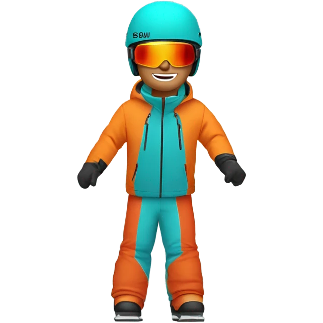 white Skier man wearing a ORANGE JACKET and wearing a RED HELMET and wearing TURQUOISE PANTS emoji