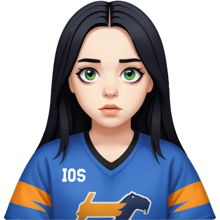 billie eilish long black hair dark eyeliner makeup, wearing jersey emoji