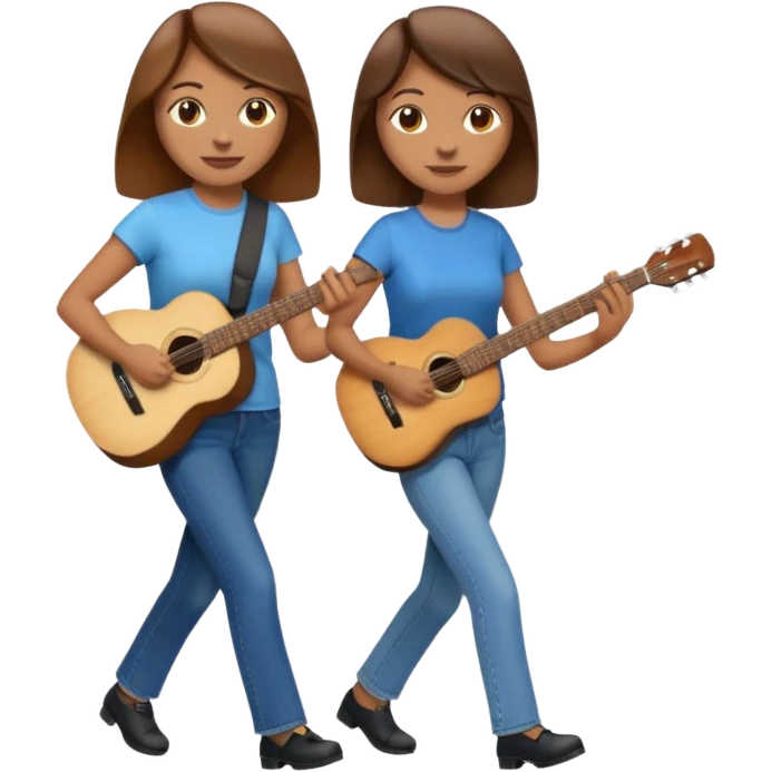 based on emoji style, two people walking together. one is brown-haired woman, wearing business casual, holding a guitar. Another one is a non-binary person, wearing t shirt and jeans, and the second person doesn't have anything on their hands. emoji