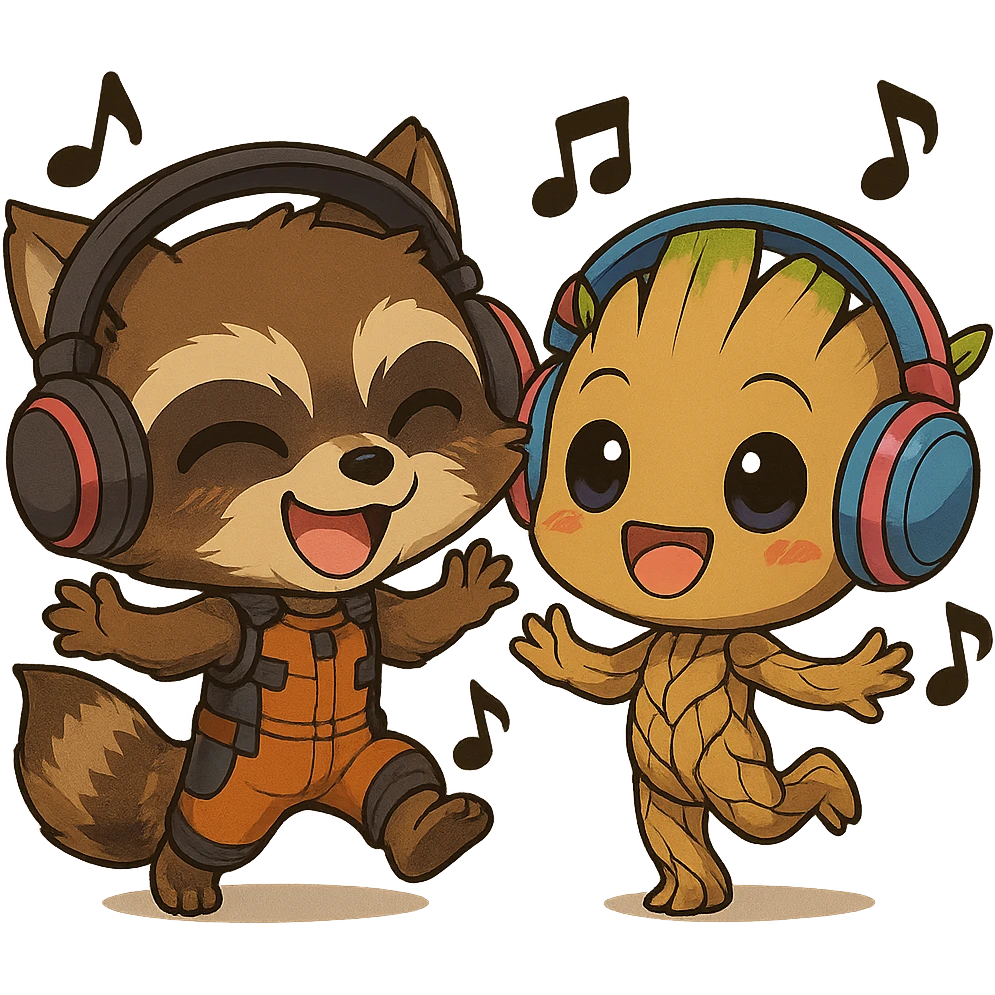 Create a chibi anime style illustration of Rocket Raccoon dancing next to Groot. Both characters should look joyful and cute. Rocket Raccoon should have an oversized head and be wearing headphones. Keep the background transparent. The style should reflect chibi anime aesthetics. emoji
