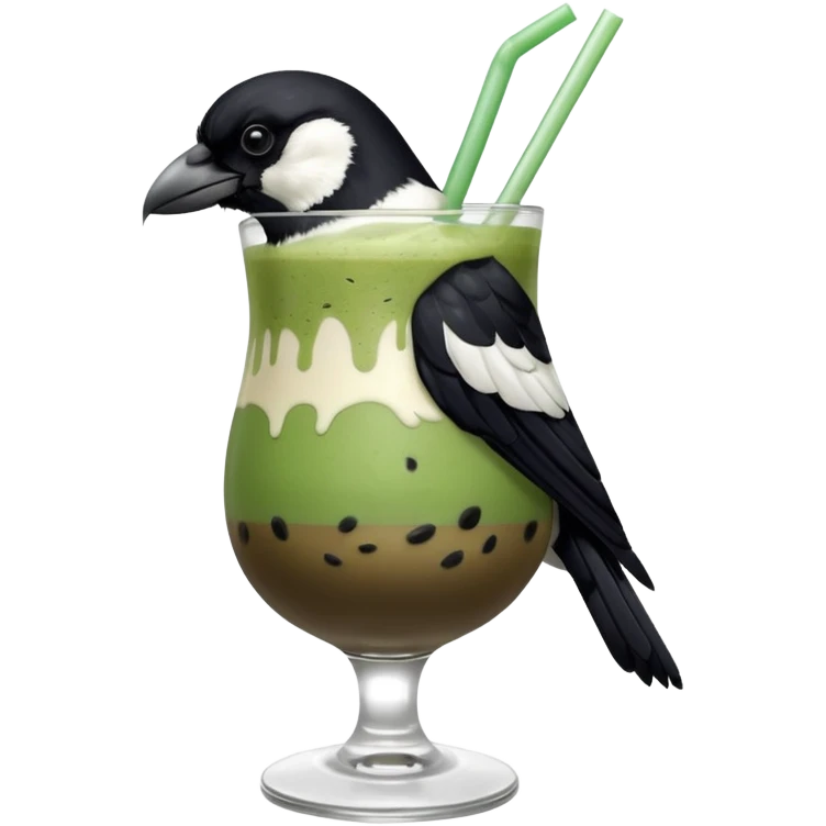  ONE Australien Magpie (just black and white feathers) sitting on an iced matcha latte on the edge of the glass. magpie has green matcha on its beak. matxha latte is in a see through glass and white from the oat milk on the bottom and green without seeds on top… one straw & ice cubes emoji
