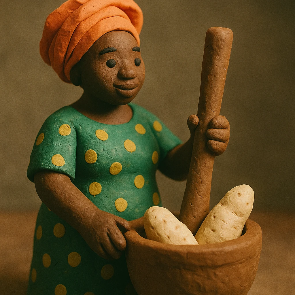 Nigerian woman in traditional dress holding pestle, standing beside mortar filled with yam, soft molded handmade feel, claymation style emoji