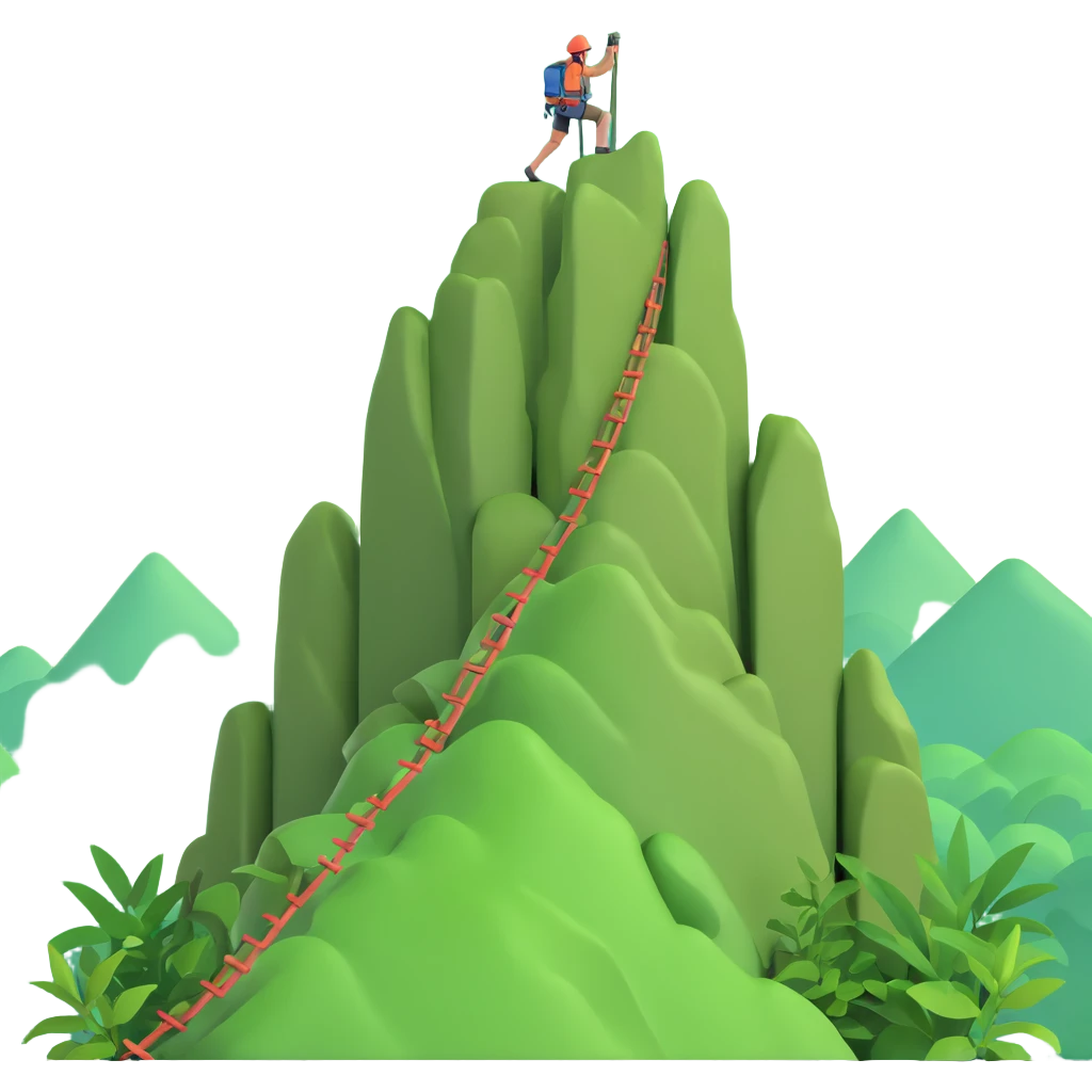 climber reaching the summit of a jungle mountain, lush greenery all around emoji