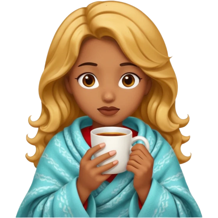 cute and sexy brown skin girl, golden wavy hair, sexy face expression, feeling sick, nose is red due to sickness, covered by blanket, holding tea mug in hands emoji
