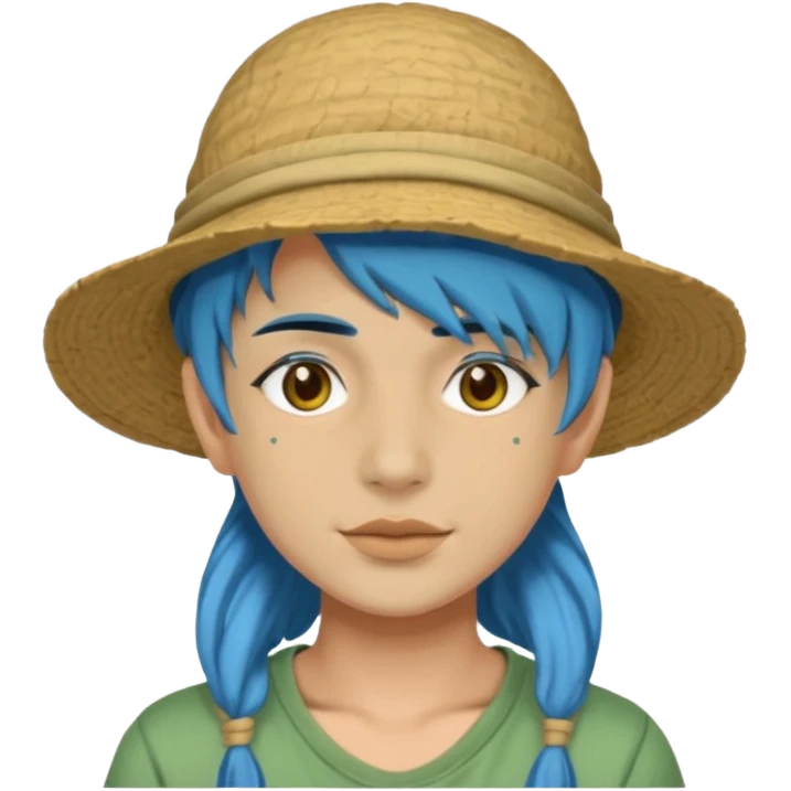 messy green full face clay mask and tourist hat blue hair  emoji