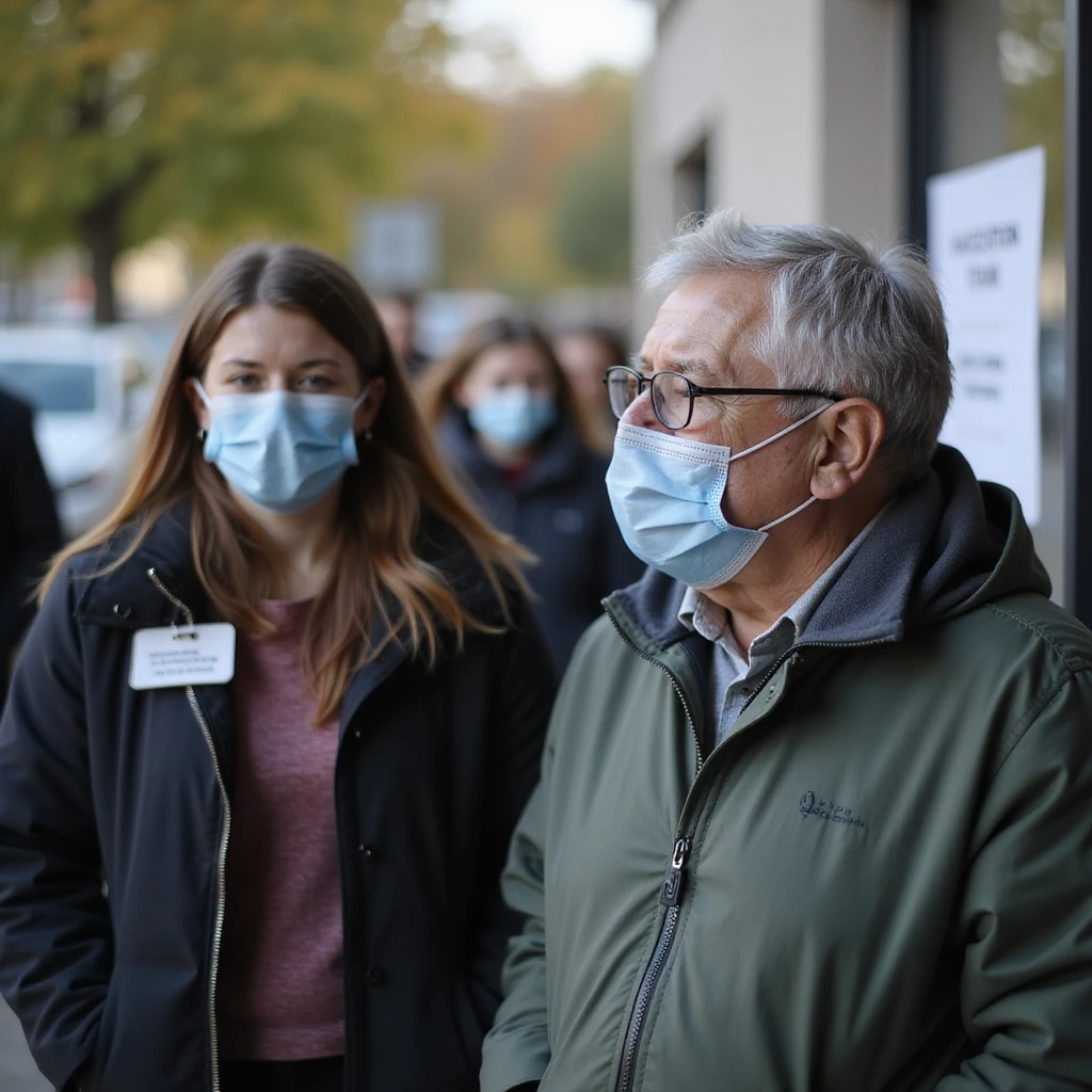 photo-realistic documentary style, young woman and elderly man talking quietly in line at a vaccination center, some masked, clear sign, suburban background, soft light, 4K resolution emoji