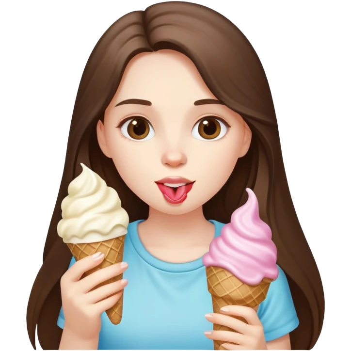 beautiful pale brunette girl with long hair eating ice cream emoji