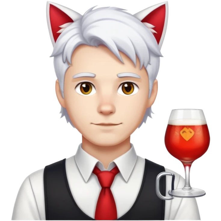 a white man in a bartender's uniform with white hair, the ends of his hair in red and white cat ears emoji