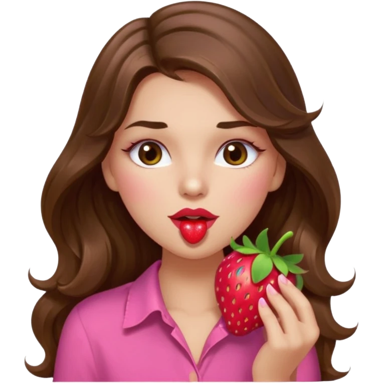 girl with long wavy brown hair, brown eyes, light to medium complexion, in a pink shirt, pink lips, long lashes, sexy , puckering, blushing, eating a strawberry sexy emoji