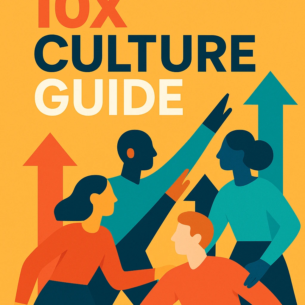 modern flat design cover for a '10x culture guide', abstract team, upward arrows, energetic colors emoji