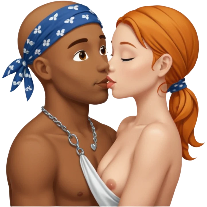 Two people naked kissing, brown man with bandana no hair, white girl ginger hair emoji