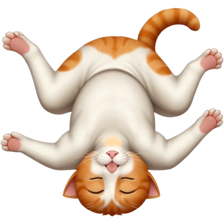 ginger and white small cat eyes closed lying down upside down with paws stretched out in different directions emoji