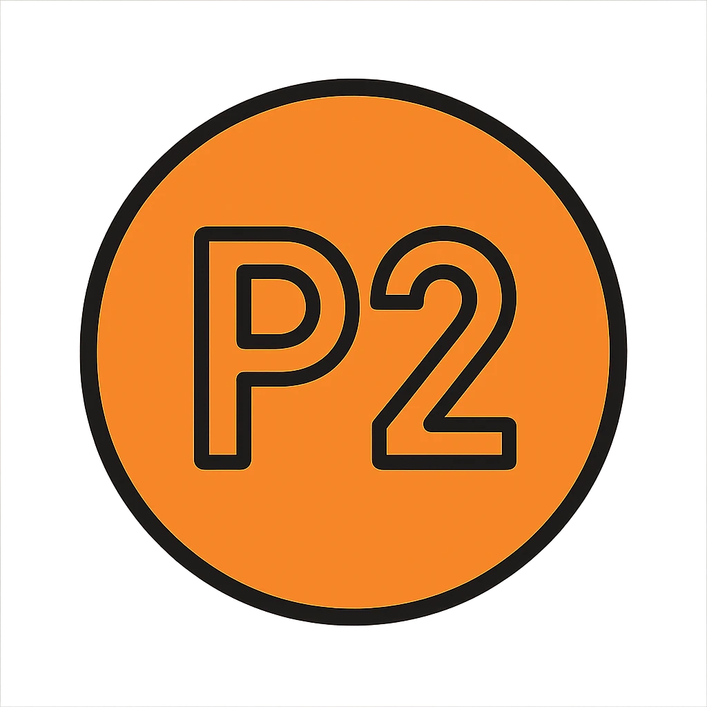 the text 'P2' inside an orange circle, clear and bold, suitable for indicating a high-priority incident emoji