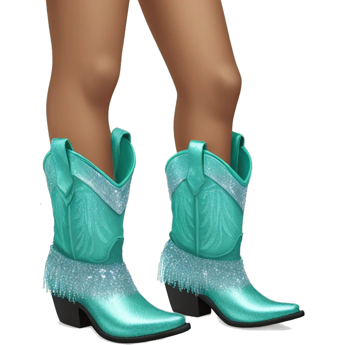Realistic pastel teal fashion cowgirl boots with sparkly shiny glitter fringe on them. emoji