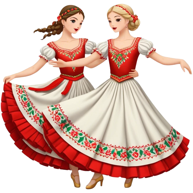 Cinematic Realistic scene of two dancers performing the Tarantella, dressed in vibrant, flowing traditional costumes with detailed embroidery and dynamic skirts, captured in festive motion with warm, lively lighting emoji