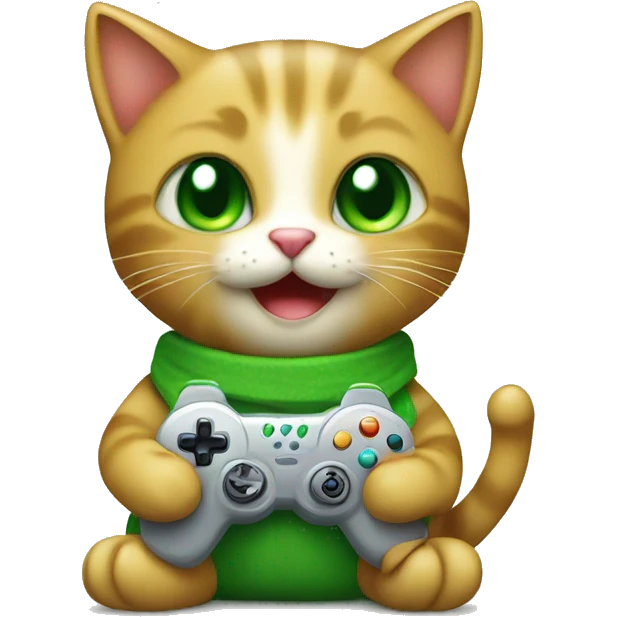 Happy green kitten holding a video game controller emoji